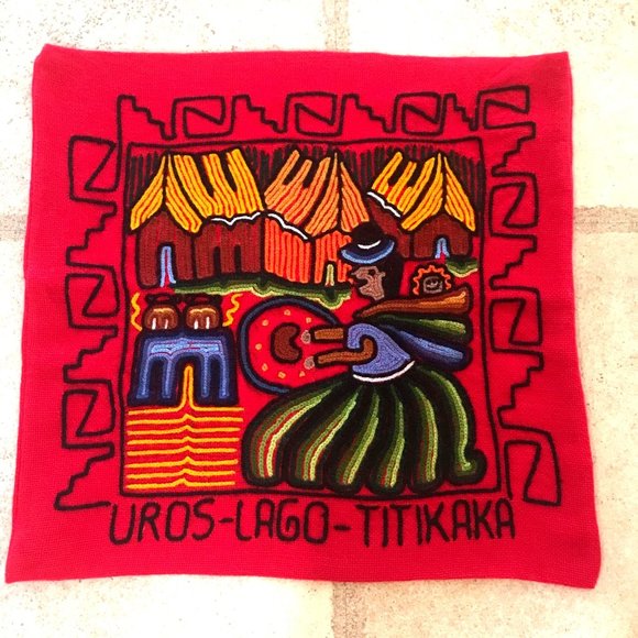 Peru Bolivia Pillow Cover Sham Red Embroidery Tiki Kaka - Picture 1 of 5